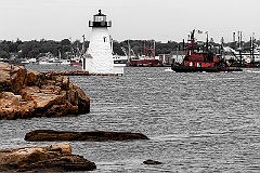 Palmer Island Lighthouse Guides Tugboat Into Harbor -BW